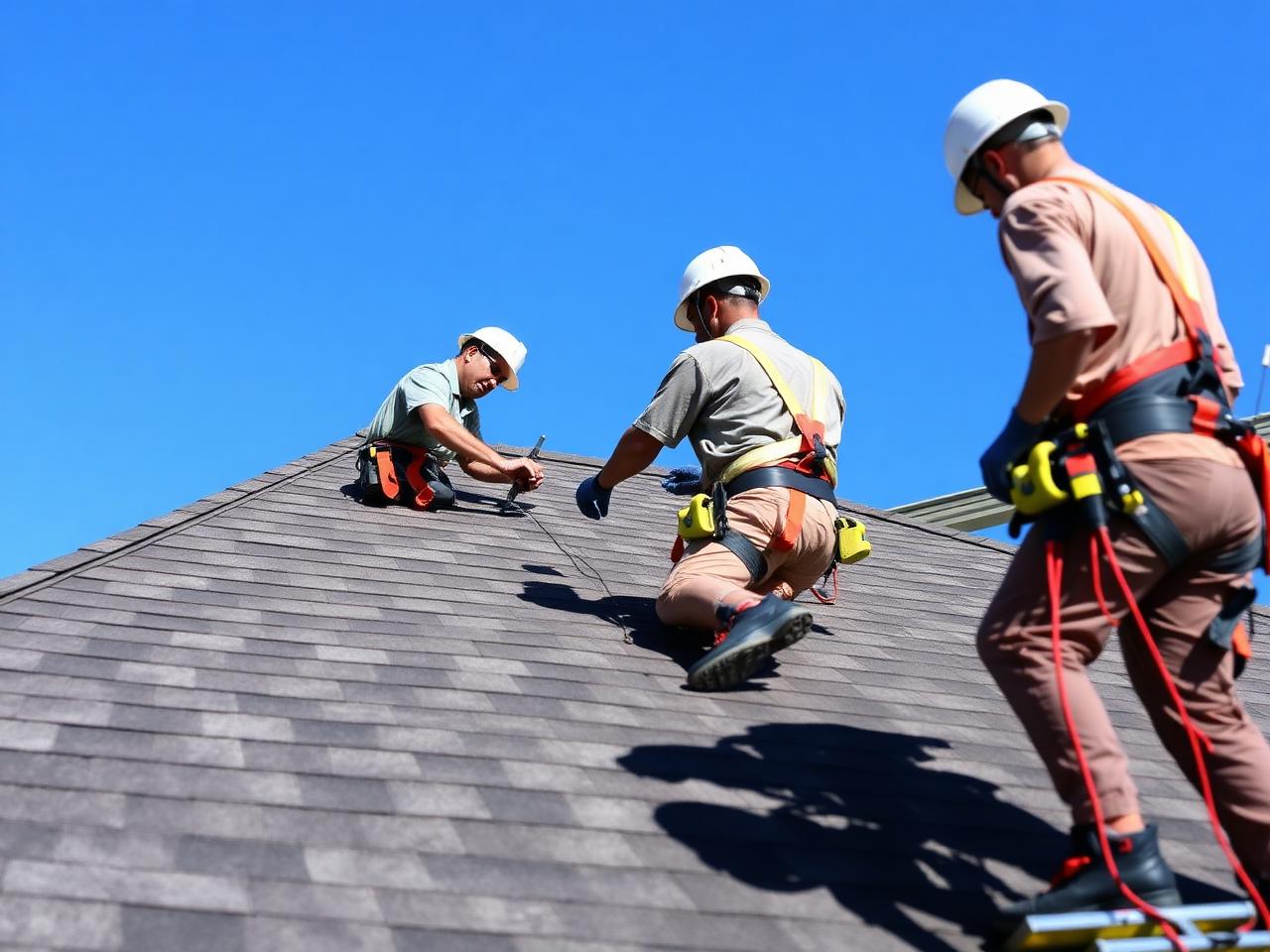 Vanguard roofing crew installing new shingles in safety harnesses