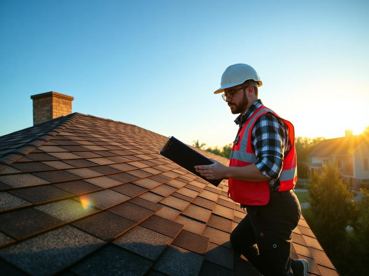 Vanguard roof inspector documenting damage at golden hour